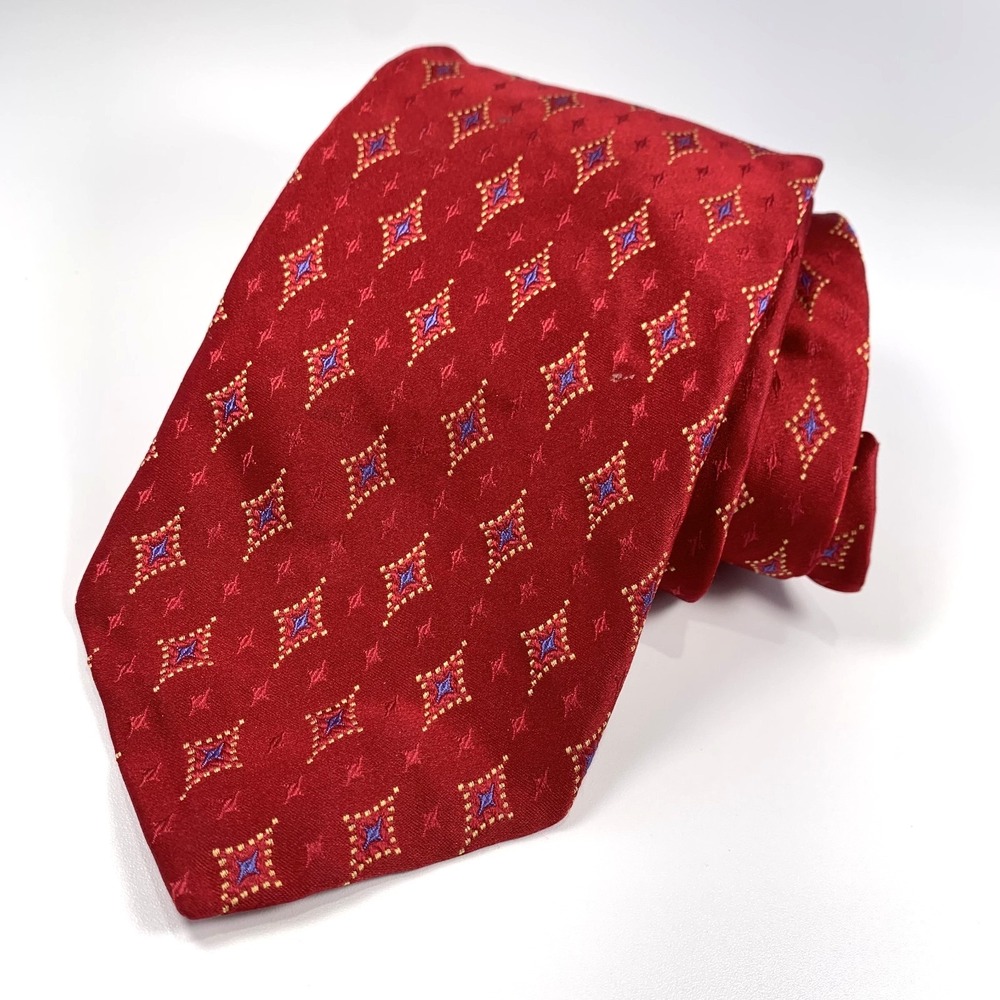 Robert Talbott Best of Class Mens Tie Red w/ Gold-Blue Diamond Design 100% Silk